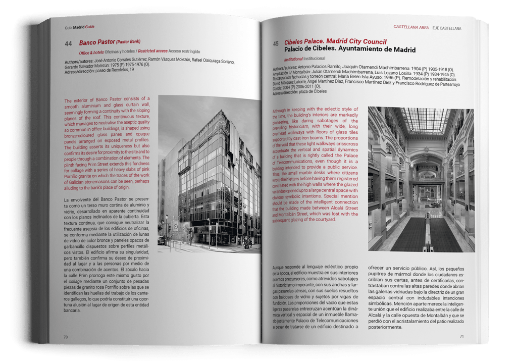 Vista de dos páginas del libro Guía Madrid Guide con las obras Banco Pastor y Palacio de Cibeles