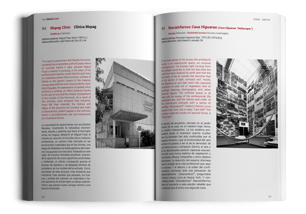 Vista de dos páginas del libro Guía Madrid Guide con las obras Clínica Mupag y Rascainfiernos Casa Higueras