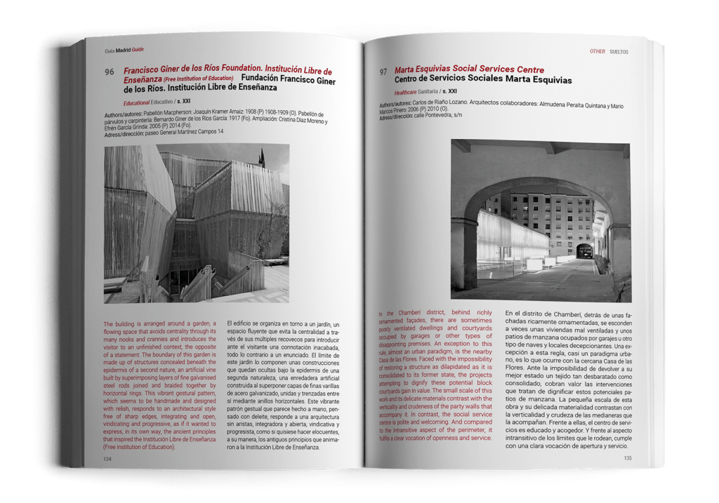 Vista de dos páginas del libro Guía Madrid Guide con las obras Institución Libre de Enseñanza y Centro de Servicios Sociales Marta Esquivas