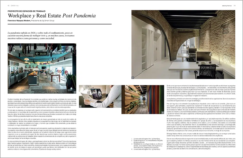 Vista de dos páginas del artículo Workplace y Real Estate Post Pandemia / Proyecto de espacios de trabajo, por Francisco Vázquez Medem