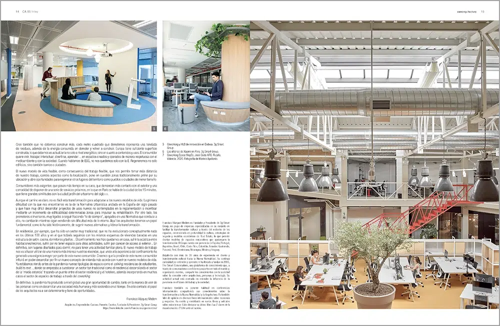 Vista de dos páginas del artículo Workplace y Real Estate Post Pandemia / Proyecto de espacios de trabajo, por Francisco Vázquez Medem