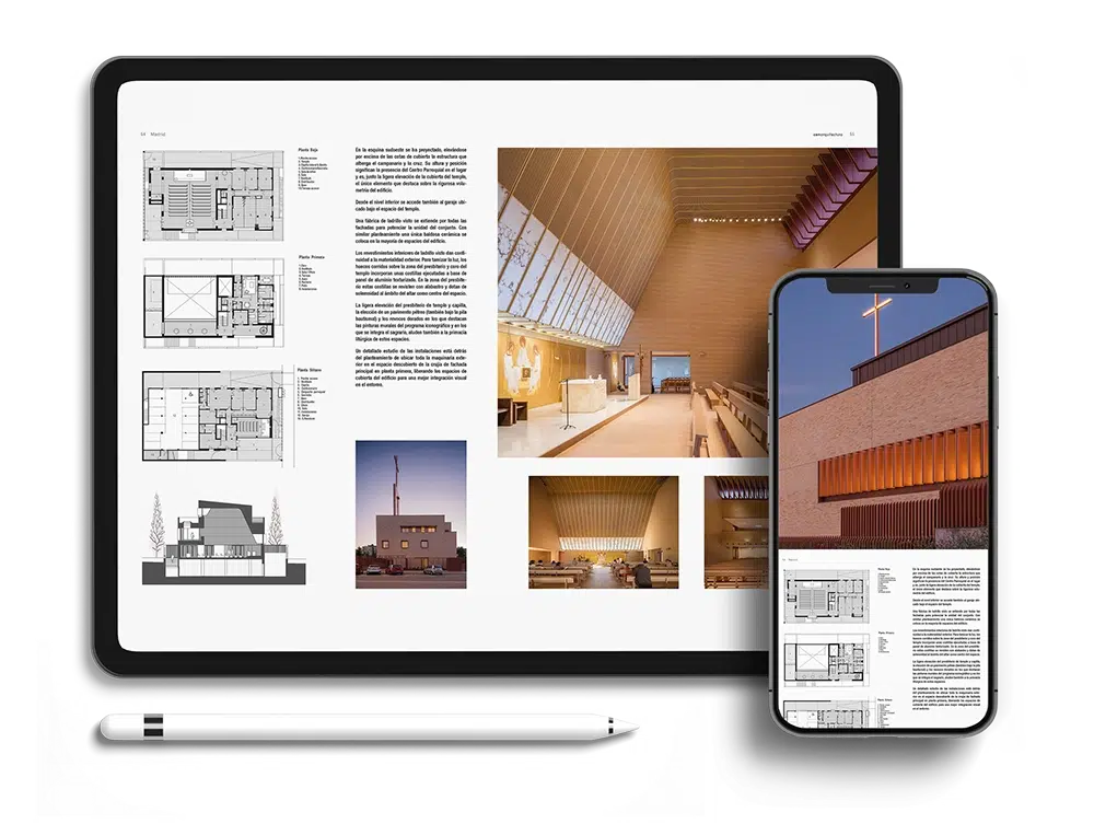 Vista de dos páginas en una tablet y un móvil de la revista conarquitectura 93: envolvente suelo-pared-cubierta