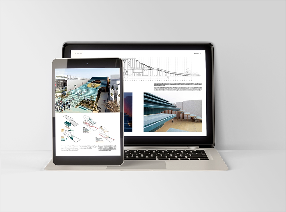 Vista de unas páginas de la revista conarquitectura en tablet y ordenador sobre reutilizar ladrillos