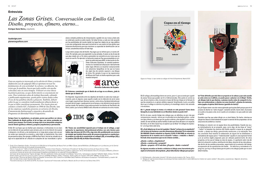Vista de dos páginas de la entrevista publicada en ca87 con Emilio Gil, fundador de Tau Diseño